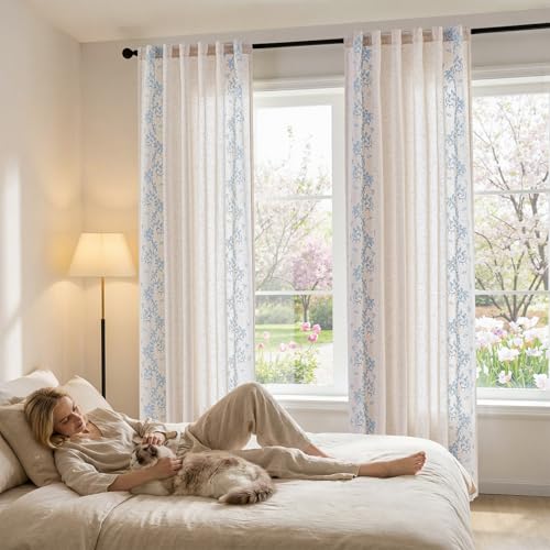 Floral Linen Curtains 96 Inch Farmhouse Back Tab 2 Panels (Vine | Sky Blue / 50"W x 96"L (Pack of 2))