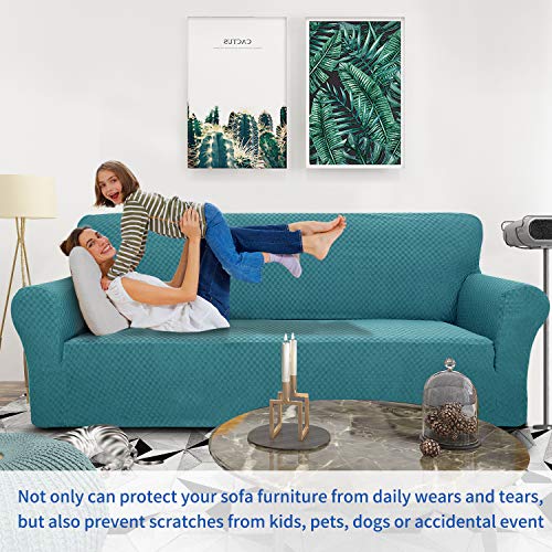 1 Piece Jacquard Couch Covers for 3 Cushion Couch Living Room High Stretch Sofa Cover Pets Dogs Friendly Anti Slip Thickened Slipcovers Furniture Protector (Large (71"-90") / Peacock Blue)