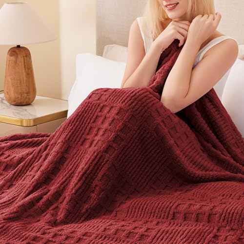Red Fleece Throw Blanket for Couch or Bed Waffle Pattern Decor (02-red / Throw)