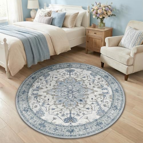 Washable Area Rug (Blue/White/Gray / 4' (Round))