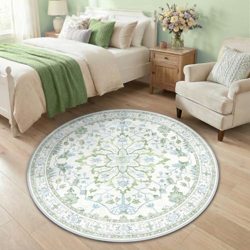 Washable Area Rug (Green/White/Blue / 4' (Round))