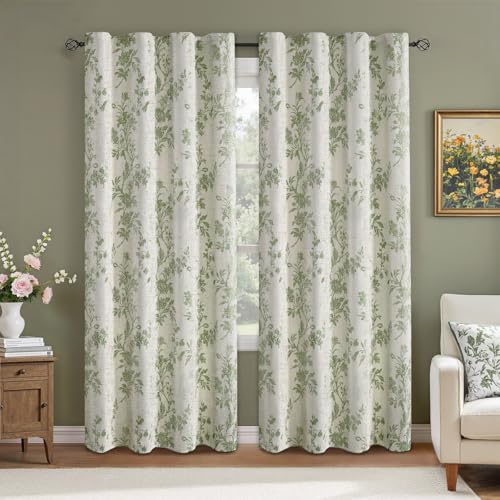 Sage Green Boho Floral 100% Blackout Curtains 84 Inch 2 Panels (Sage Green / 52"W x 84"L (Pack of 2))