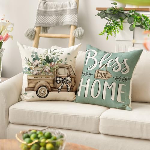 Bless Our Home Farmhouse Eucalyptus Leaves Throw Pillow Covers (Blue / 20" x 20" (Pack of 4))