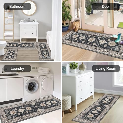 HEBE Boho Kitchen Rugs Set of 3 (Black/Colorful / 20"x32"+20"x48"+20"x59")