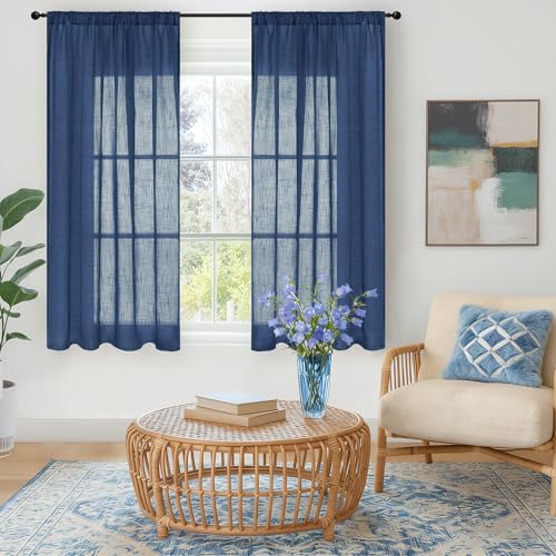 Navy Blue Linen Curtains 48 Inch Length for Windows (Navy / 42"W x 48"L (Pack of 2))