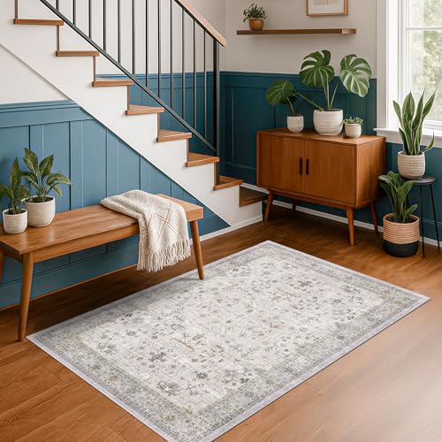 Washable Boho 4x6 Living Room Rug (4' x 6' (Rectangular) / Light Gray / Sage)