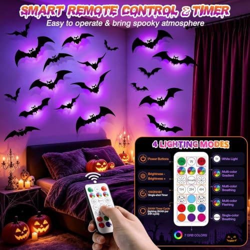 48P Bats Halloween Decorations + 12P Rechargeable Lights with Remote (Black, Black)