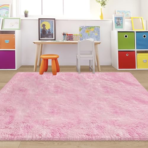 Tie Dye Pink Fluffy Rug for Bedroom 4x6ft Soft Shag Area Rug Mat Bedside Throw Rug for Living Room Kids Room Boys Teens Nursery Baby Dorm Office Home Decor Aesthetic Carpets (Tie-dyed Pink / 4' x 6' (Rectangular))