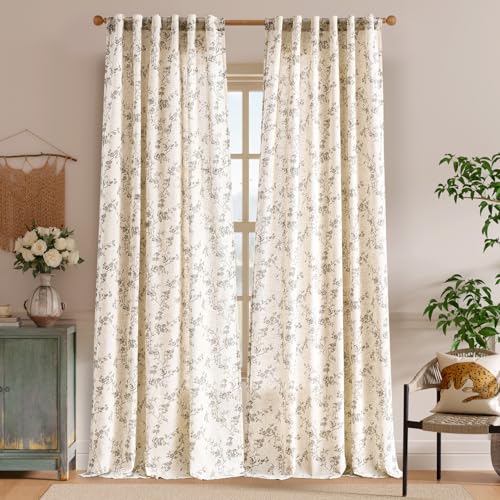 Extra Long Grey Vintage Floral Linen Curtains Farmhouse 2 Panels (Grey on Beige / 50"W x 108"L (Pack of 2))