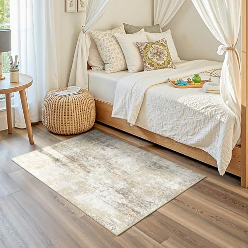 Washable 3'x5' Abstract Area Rug for Living Room Neutral Brown (Gray/Neutral Brown / 3' x 5' (Rectangular))