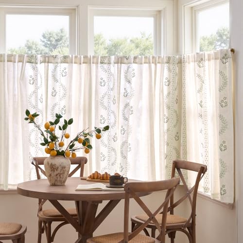 Green Floral Linen Kitchen Tier Curtains 50x45 Inch 2 Panels (A| Sage / 50"W x 45"L (Pack of 2))