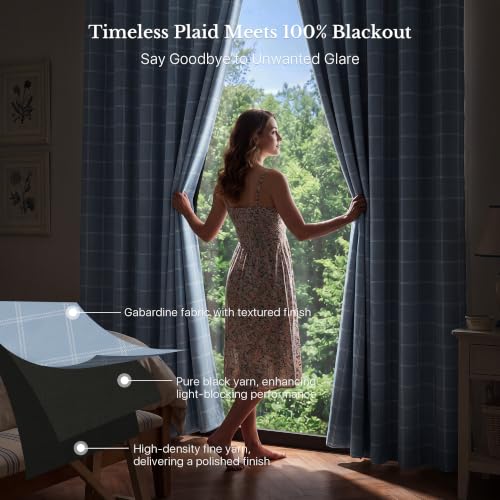 100% Sea Blue Blackout Plaid Buffalo Curtains 96 Inches Length (52"W x 96"L (Pack of 2) / Grid Pattern | Sea Blue & White)