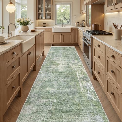 Runner Rug 2'6"x8' Kitchen Hallway Runners Abstract Green (Green/Ivory / 2'6" x 8' (Runner))