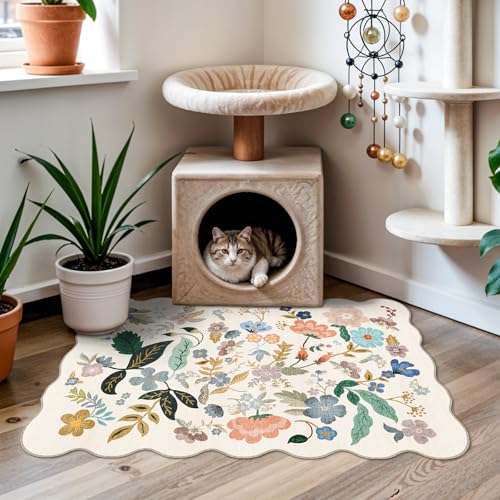 Washable 2x3 Entryway Scalloped Rug (2' x 3' (Rectangular) / Cream/Floral)