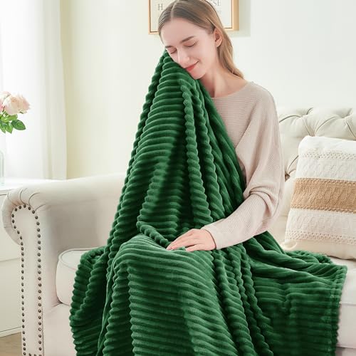 Ribbed Jacquard Dark Green King Size Blankets for Bed (Dark Green / King(108"x90"))