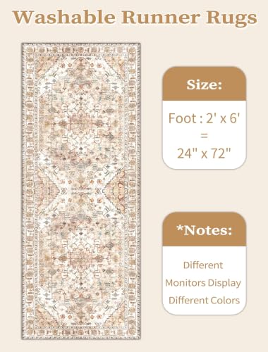 2x6 Washable Non Slip Boho Runner Rug for Hallway (Vintage Peach/Cream / 2' x 6' (Runner))