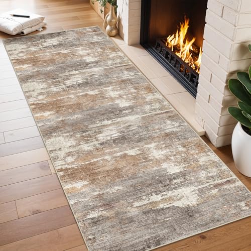 2x6 Runner Rug Washable Abstract (Brown/Brick / 2' x 6')