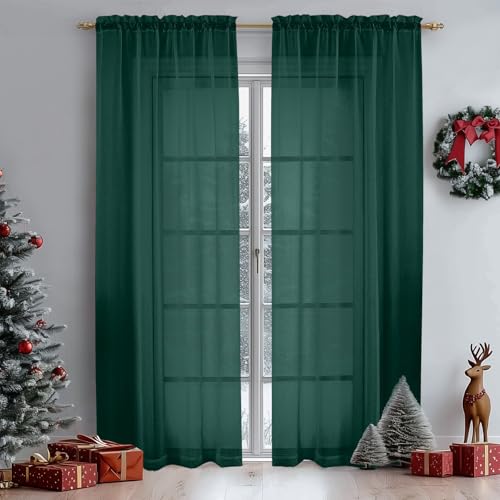 Green Sheer Curtains 72 Inches Long 2 Panels Set for Christmas Decoration (Hunter Green / 42"W x 72"L (Pack of 2))