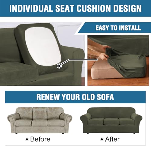 Real Velvet Plush 3 Piece Stretch Sofa Covers Couch Covers for 2 Cushion Couch Sofa Slipcovers Width Up to 90 Inch Feature Thick Soft Stay in Place (2 Cushion Sofa / Olive)