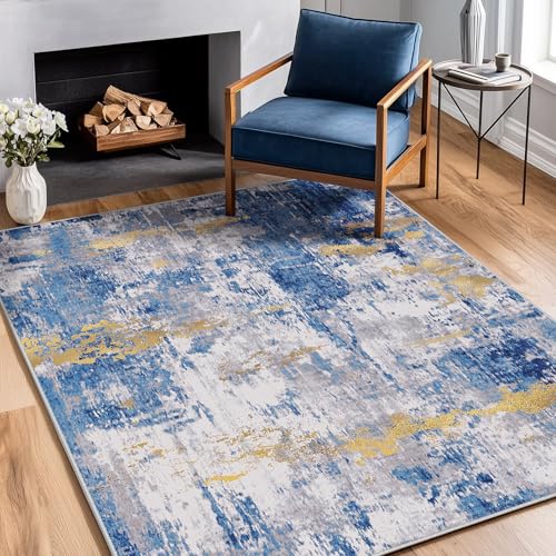 Washable 3'x5' Abstract Area Rug for Living Room Blue Gold (Blue/Gold / 3' x 5' (Rectangular))