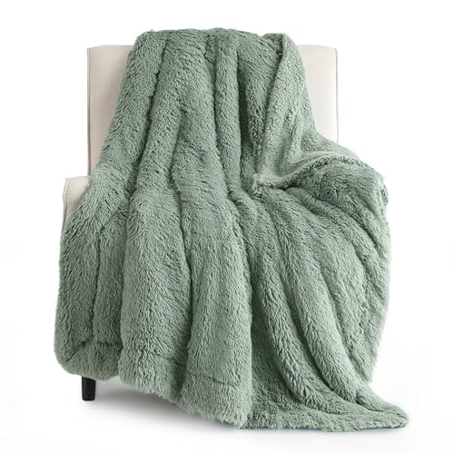 Faux Fur Fluffy Sherpa Throw Blanket Couch Twin Sage Green 60"x80" (12- Sage Green / Twin (60" X 80"))