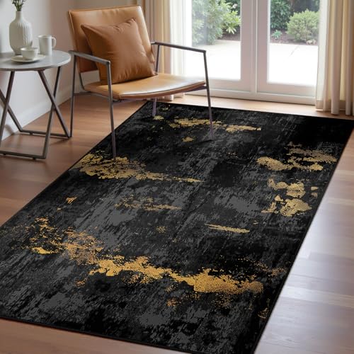 Washable 3'x5' Abstract Area Rug for Living Room Black Gold (Black/Gold / 3' x 5' (Rectangular))