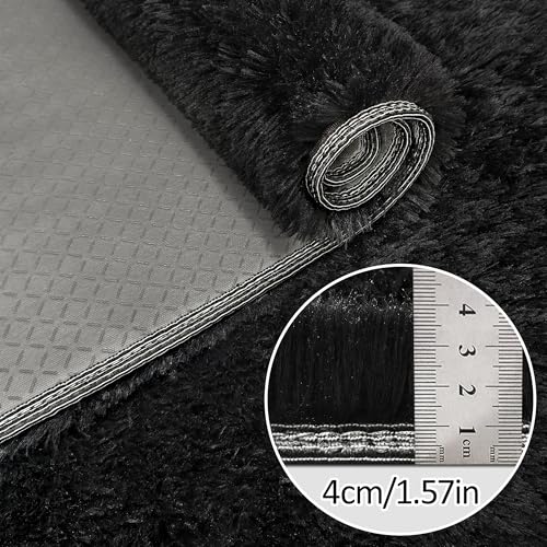 2x5 Bedside Area Rugs for Bedroom Soft Fluffy Shag Black Rug for Hallway Non (Black / 2' x 5' (Runner))