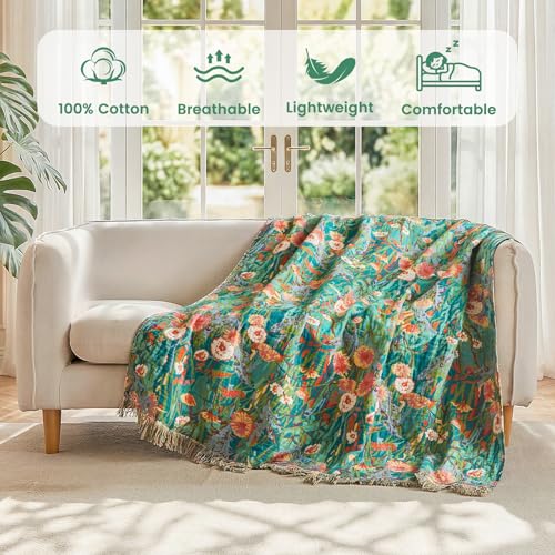 Boho Throw Blanket 50"x60" 100% Cotton Floral Blanket for Couch Bed (Flowers Green / 50"x60")