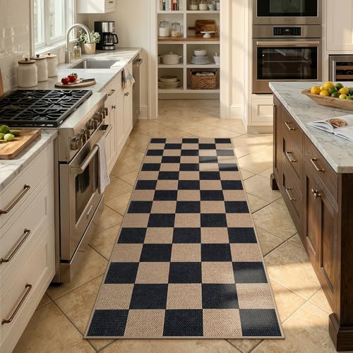 Checkered Easy Jute Outdoor Runner Rug (2' x 6' (Runner) / Black/Checkerboard -1)