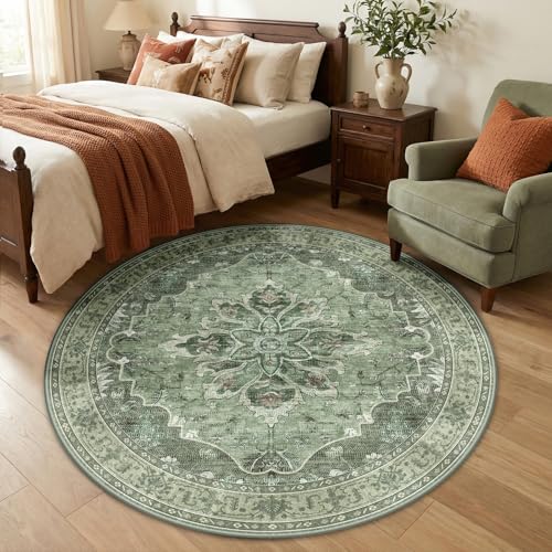Washable Area Rug (Green/Dark Green/Gray / 5' (Round))
