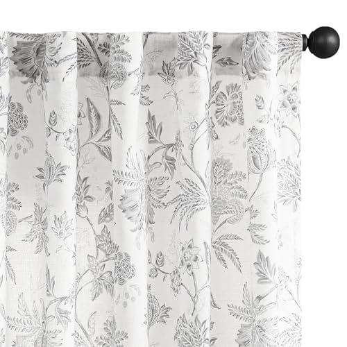 Light Grey Floral Linen Curtains 84 Inch Vintage Back Tab 2 Panels (*Jacobean Light Grey / 50"W x 84"L (Pack of 2))