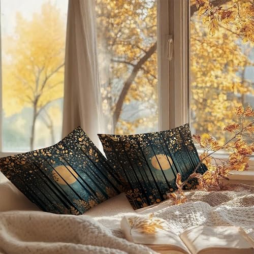 Vintage William Morris Inspired Gold Moon Pillow Covers 18x18 Set of 2 (Forest-black and Gold -24 / 18" x 18" (Pack of 1))