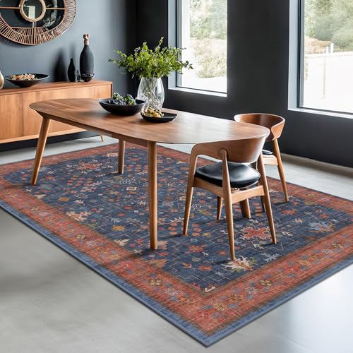 Dark Blue & Terracotta 5x8 Living Room Rug (5' x 8' (Rectangular) / Blue / Terracotta)