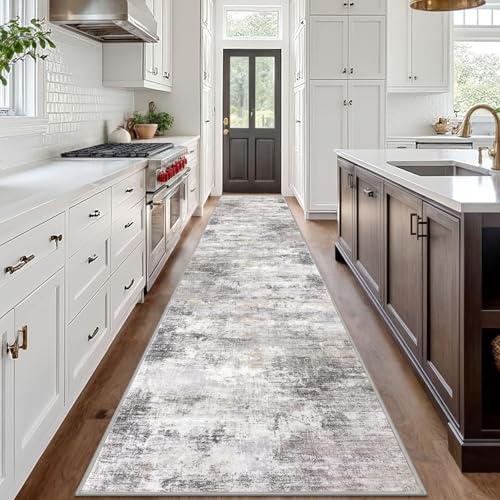 Abstract Runner Rug 3x18 Ft Washable Runners for Hallways (Ash Grey/Beige / 3' x 18' (Rectangular))