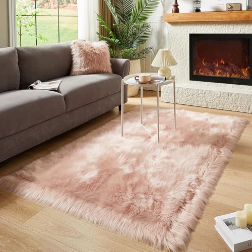 Faux Fur Sheepskin Rug for Living Room (4' x 6' (Rectangular) / Pink)