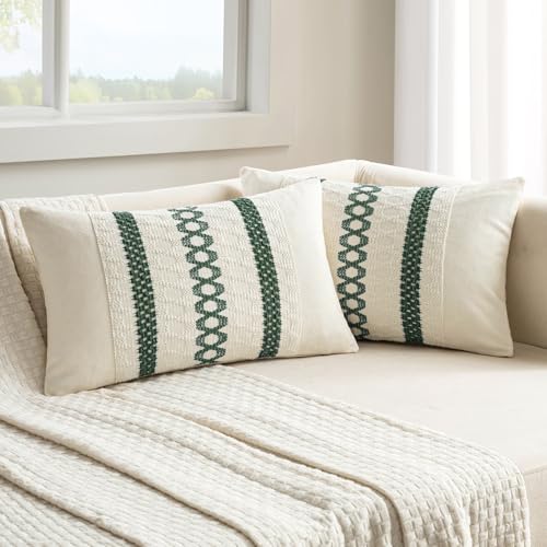 Set of 2 Dark Green Boho Decorative Lumbar Pillow Covers 12x20 Inch (20" x 12" (Pack of 2) / Dark Green)