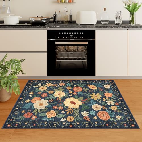 3x4 Area Rug Floral Washable Rug for Kitchen Non Slip (Navy Blue / 3' x 4' (Rectangular))