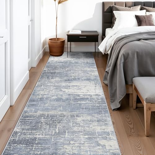 Washable Abstract 14ft Runner Rug (2'6" x 14' (Rectangular) / Blue/Ivory)