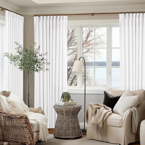 60 Inch Width Curtains 92 Inch White Linen Curtains Pinch Pleated (Snow White / 60"W x 92"L (Pack of 1))