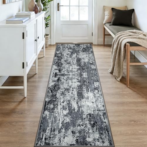 Washable Runner 3'x9' Abstract Area Rug for Hallway Black White (Black/Navy Blue/Gray / 3' x 9' (Runner))