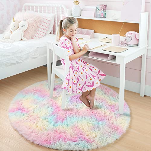 Rainbow Unicorn Pastel Round Circle Rug 5Ft for Kids Girls Bedroom (Rainbow / 5' (Round))