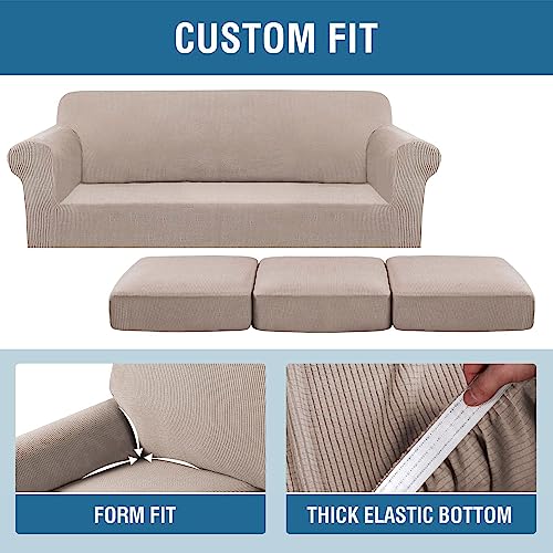 4 Piece Stretch Sofa Covers for 3 Cushion Couch Covers for Living Room Slipcovers (Large / Sand)