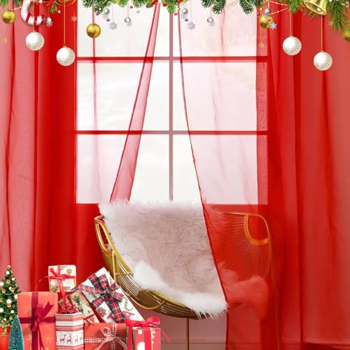 Solid Sheer Rod Pocket Curtain Voile Draperies 2 Panels White Beige Black Ivory Grey 26 Inch Width 30 Inch Long 1 Pair for Kitchen Bedroom Children Living Room Yard (Red / 26"W x 30"L (Pack of 2))