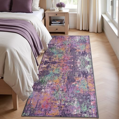 Washable Runner 2'x6' Abstract Area Rug for Hallway Purple Multi (Purple/Orange/Teal/Green/Red / 2' x 6' (Runner))