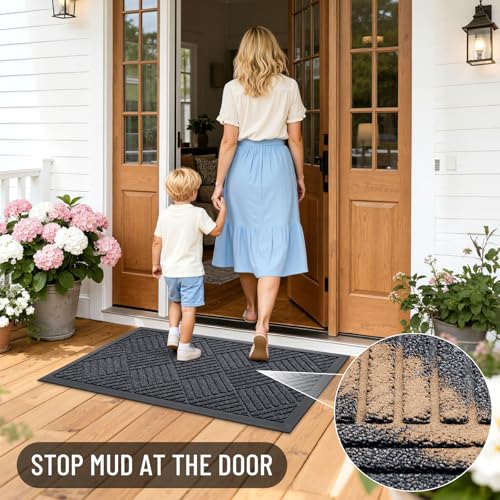 Front Door Mat Outside Entrance 35x23 (35" X 23" / Black Gray Diamond)