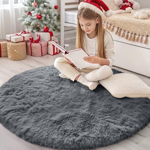 Grey Round Rugs for Bedroom (4 Ft Round / Grey)
