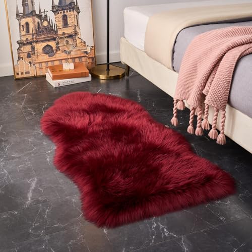 Ultra Soft Fluffy Shaggy Area Rug Faux Fur Rug Chair Cover Seat Pad Fuzzy Area Rug for Bedroom Floor Sofa Living Room (Burgundy / 2' x 4' (Sheepskin))