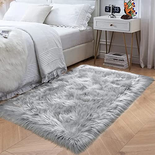 Grey Fluffy Fuzzy Rug for Bedroom Dorm 3x5 Gray Furry Faux Fur Shaggy Carpet Living Room Sheepskin Soft Plush Rectangle (3' x 5' (Rectangular) / Grey)