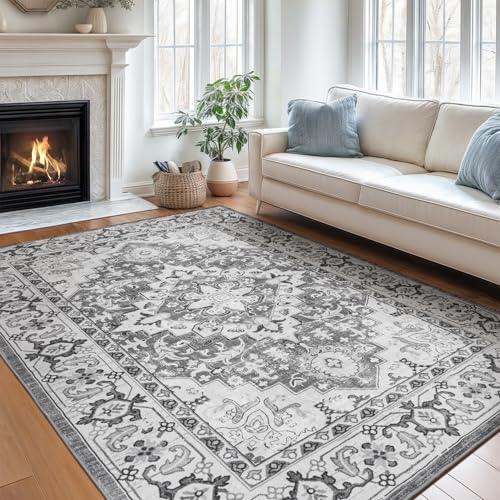 5x7 Area Rugs for Living Room Bedroom (Floral Grey / 5' x 7' (Rectangular))
