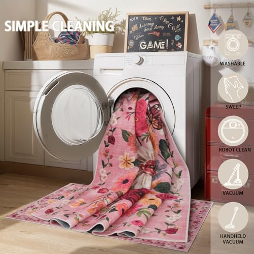 Pink Floral Hallway Runner Rug 3x7 for Bedroom Kitchen (Pink / 3' x 7' (Rectangular))